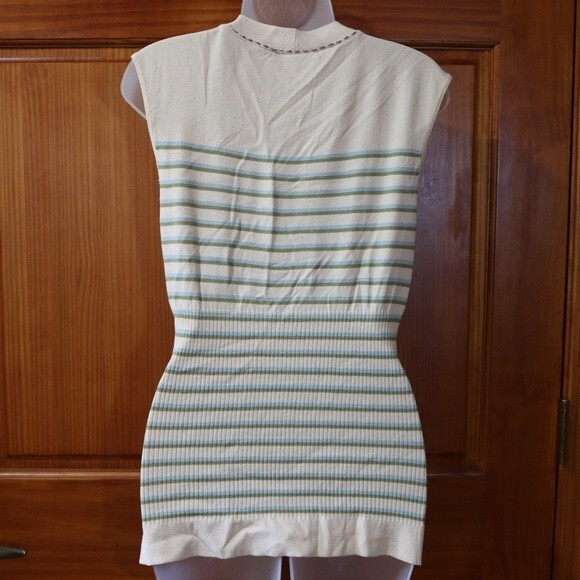 Nanette Lepore Cream Green Blue Stripe Sleeveless Bow Top Large Soft Chic Style - Picture 9 of 16